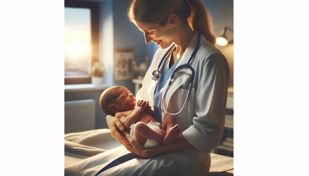 Ärztin hält Baby im Arm