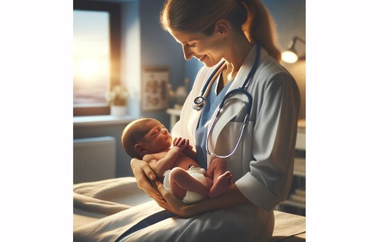 Ärztin hält Baby im Arm