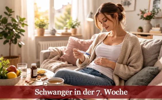 Schwangere Frau auf Sofa betrachtet ein Ultraschallbild. Text: Schwanger in der 7. Woche