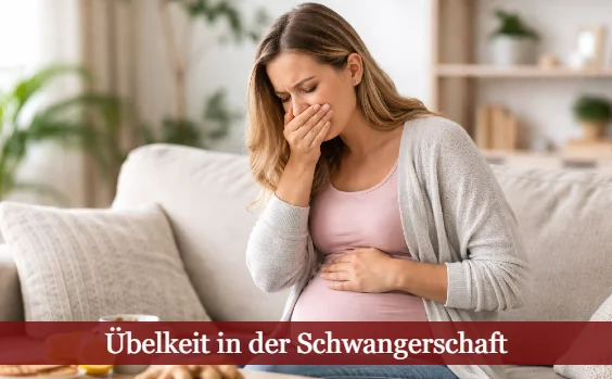 Schwangere Frau hält sich den Mund vor Übelkeit. Text: Übelkeit in der Schwangerschaft