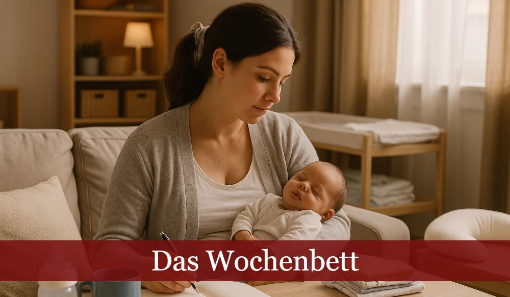 Wochenbett: Mutter schreibt mit Baby im Arm