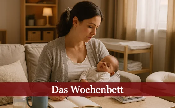Wochenbett: Mutter schreibt mit Baby im Arm